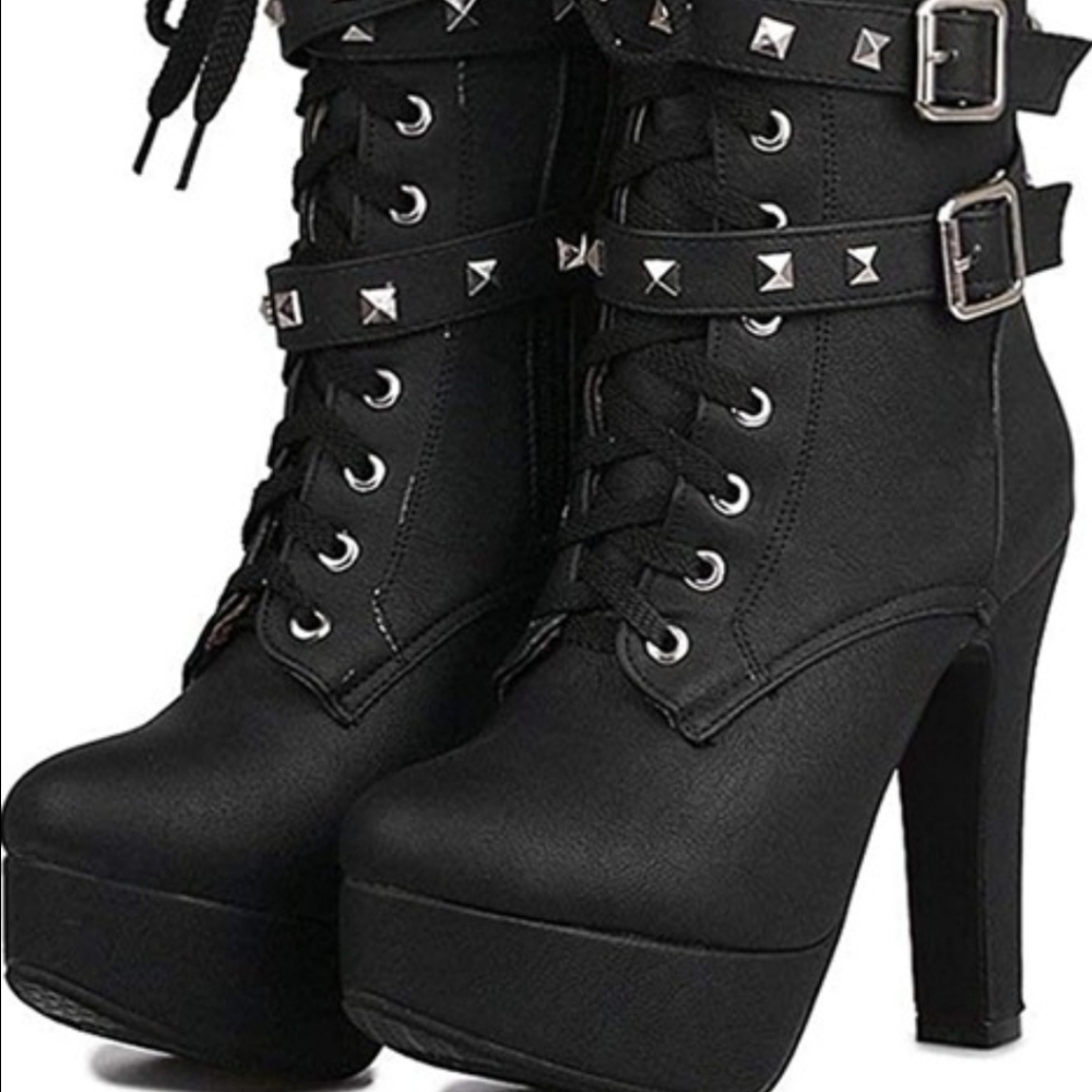 Goth Leather Block Heel Ankle Boots Fashion Studded Ankle Strap Trim Punk Boots